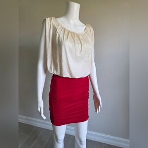 FD Elegant Cream and Red Ruched Dress
